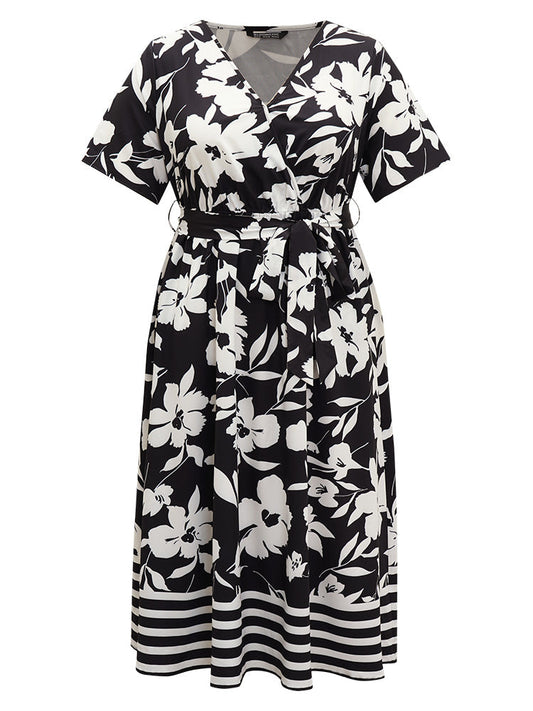 Silhouette Floral Print Striped Pocket Belted Dress