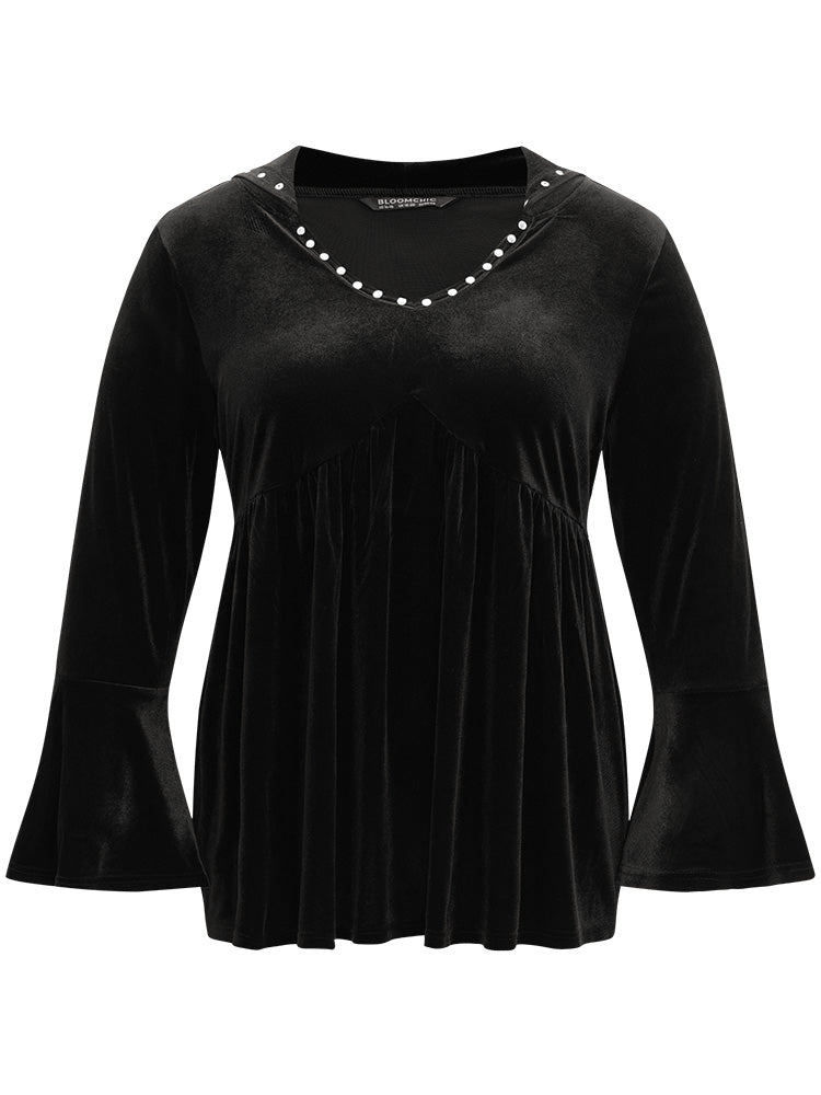 Halloween Solid Pearl Beaded Hooded Bell Sleeve T-shirt