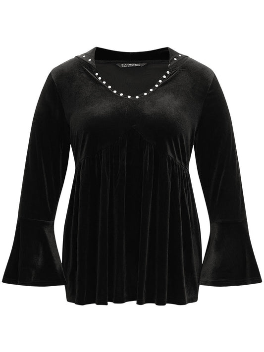 Halloween Solid Pearl Beaded Hooded Bell Sleeve T-shirt