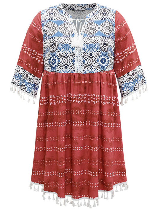 Bandana Print Contrast Tassels Trim Ties Notched Dress