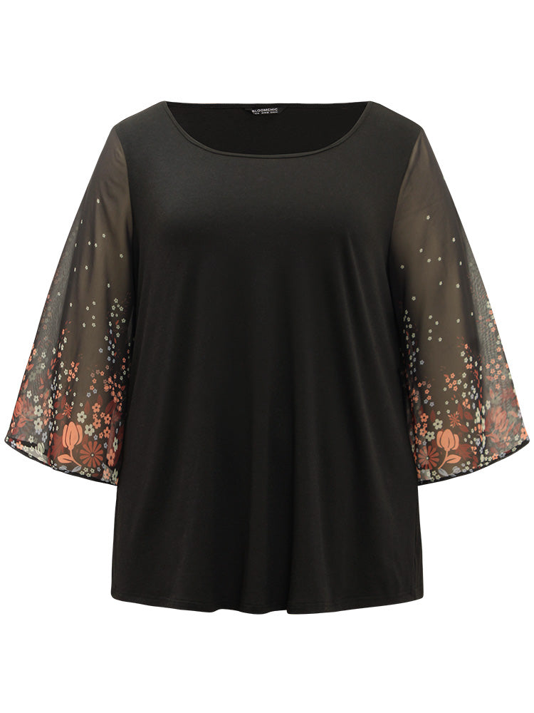 Halloween Ditsy Floral Mesh Patchwork Ruffle Sleeve T-shirt
