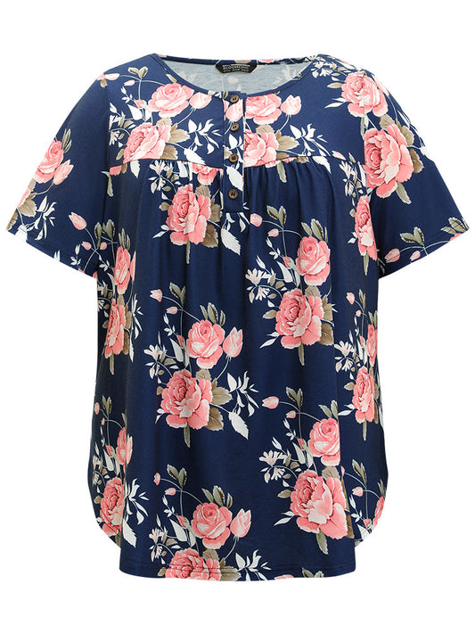 Floral Print Button Up Flutter Gathered T-shirt