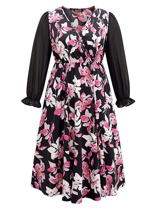 Floral Contrast Wrap Chiffon Split Side Dress