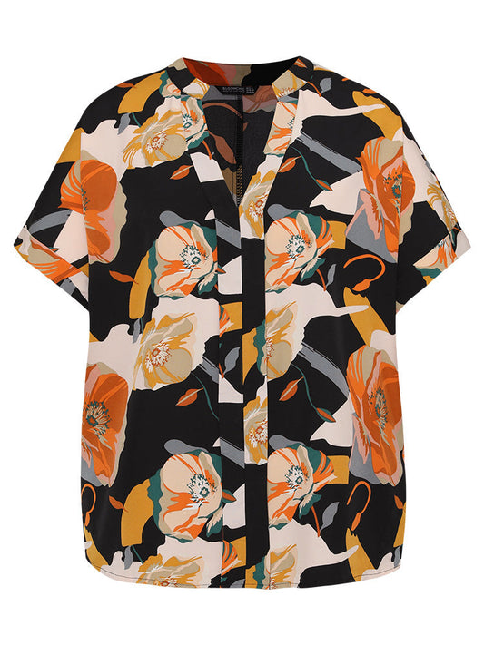 Floral Print Notched Cuffed Sleeve Blouse