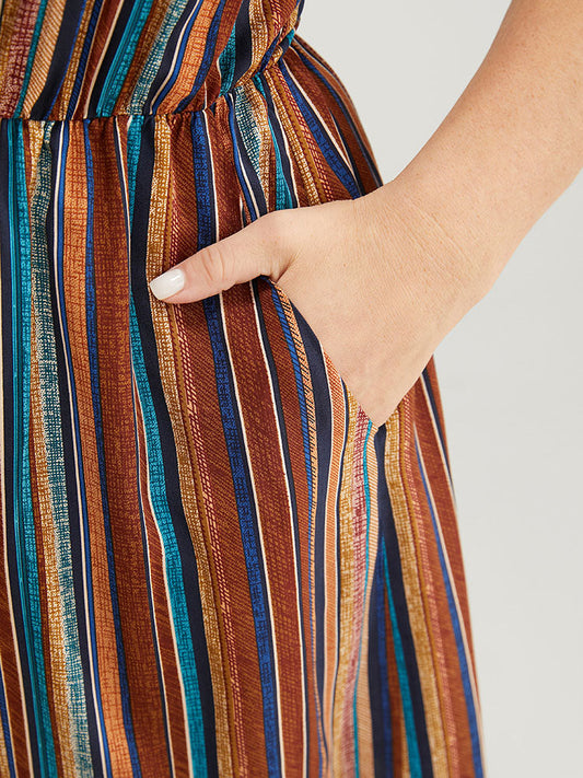 Striped Contrast Pocket Square Neck Knotted Romper