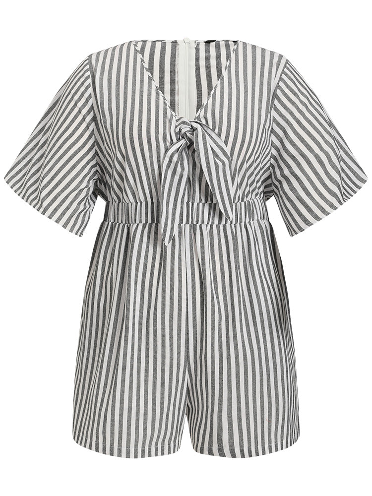 Striped Print Pocket Knot Flutter Sleeve Jumpsuit