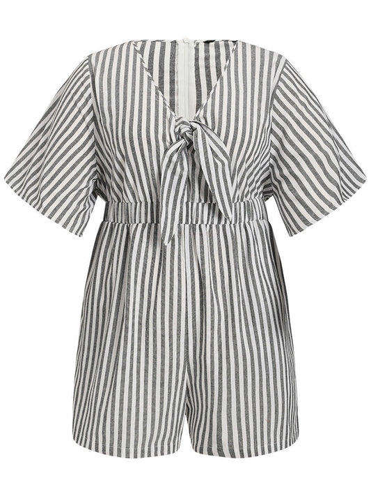 Striped Print Pocket Knot Flutter Sleeve Jumpsuit