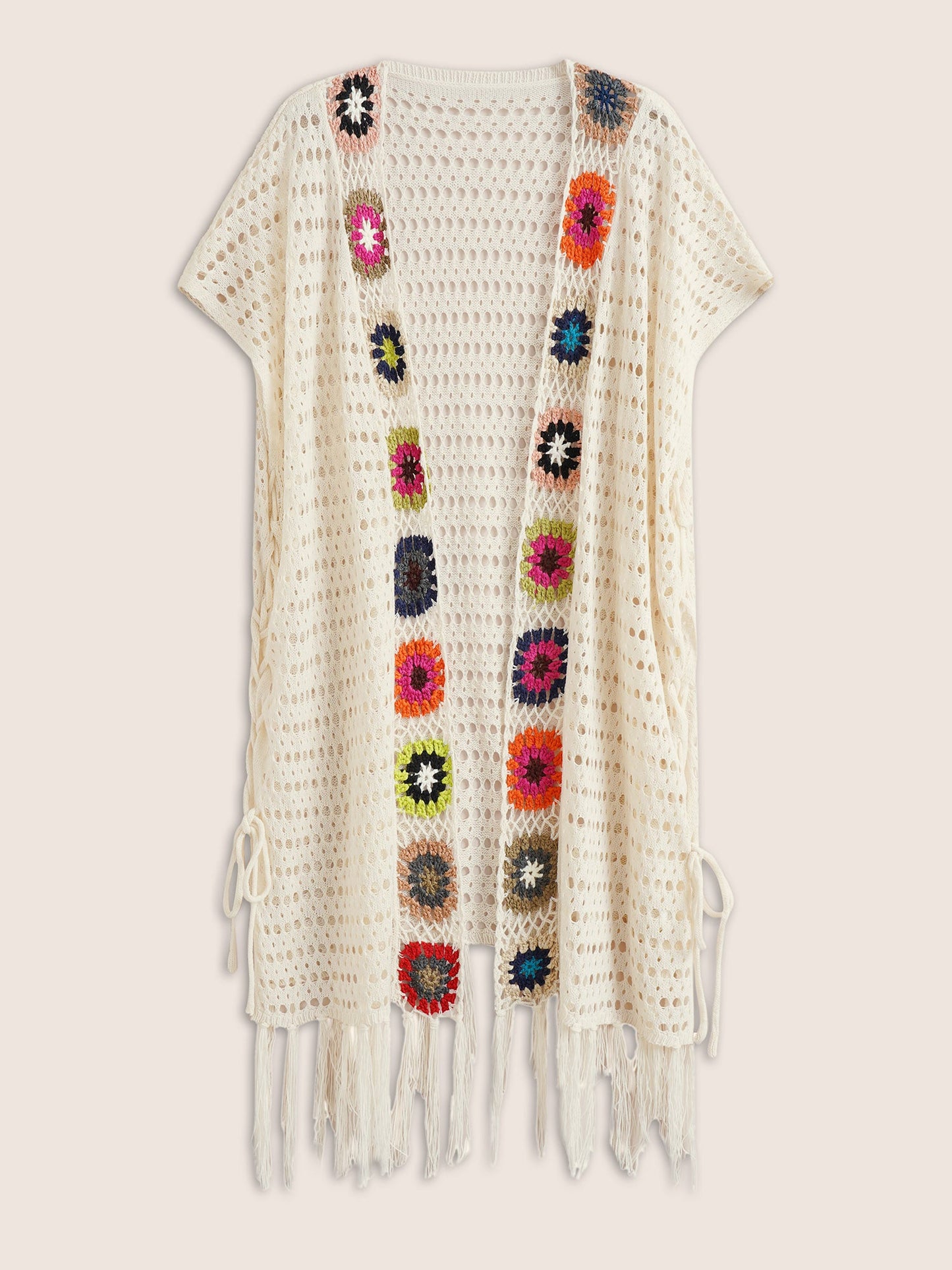 Floral Cut Out Tassels Hem Mesh Swim Cover Up