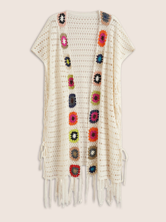 Floral Cut Out Tassels Hem Mesh Swim Cover Up