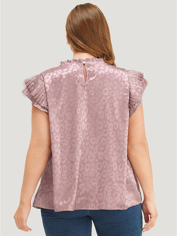 Leopard Print Pleated Trim Cap Sleeve Blouse