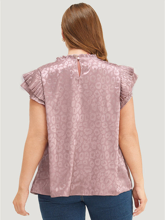 Leopard Print Pleated Trim Cap Sleeve Blouse