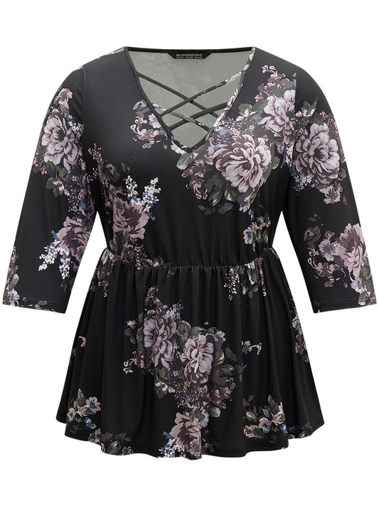 Floral Print Crisscross Neck Elastic Waist T-shirt