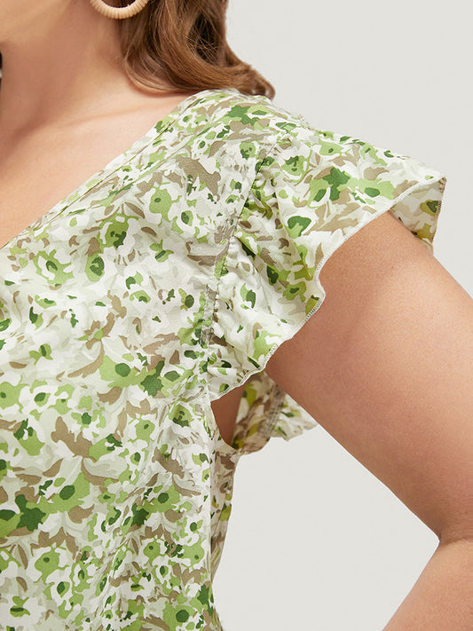 Allover Print Ruffle Cap Sleeve Knotted Front Blouse