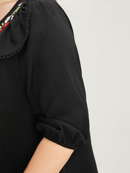 Plain Embroidered Ruffle Trim Round Neck Blouse