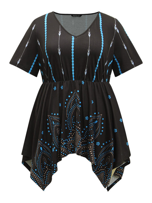 Boho Print Ruffles Hanky Hem T-shirt