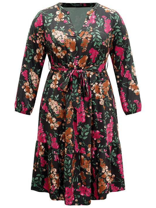 Floral Print Belted Elastic Cuffs Dress