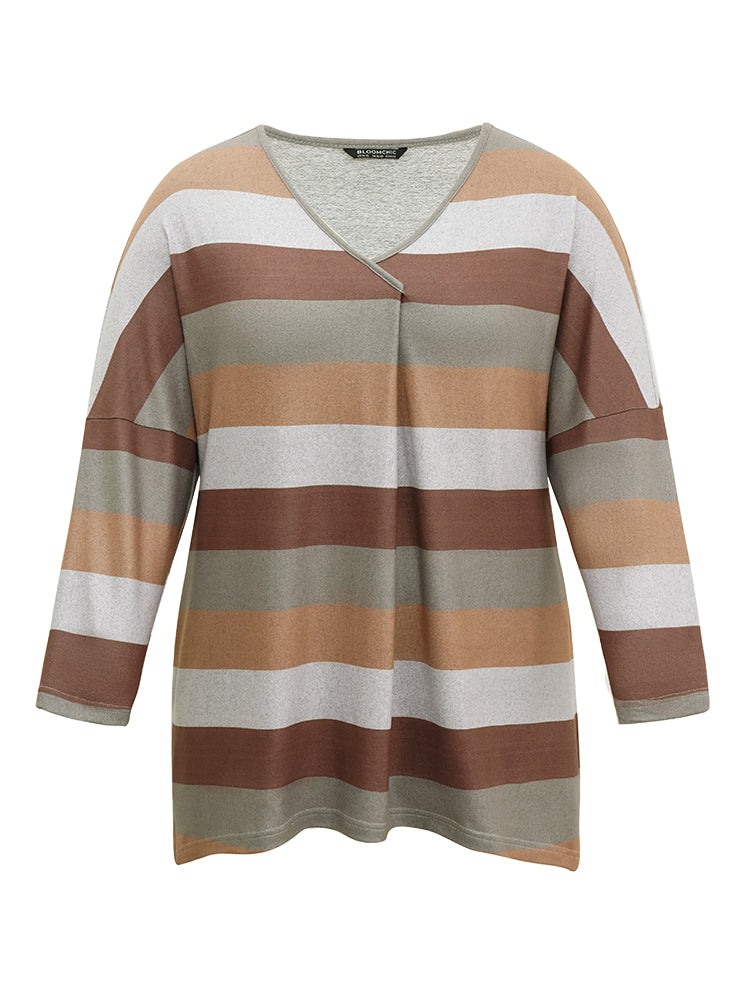 Colour Striped Contrast Pocket Dolman Sleeve Tunic T-shirt