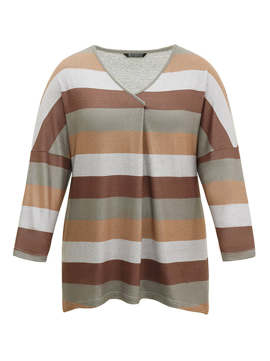 Colour Striped Contrast Pocket Dolman Sleeve Tunic T-shirt
