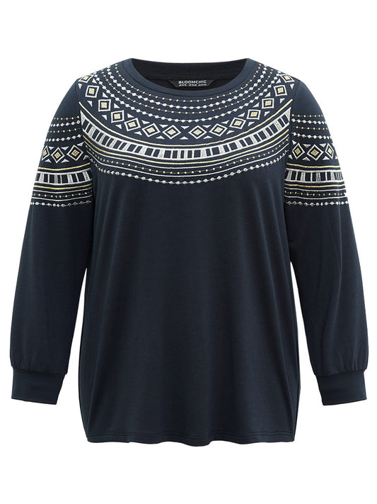 Bandana Embroidered Crew Neck Elastic Cuffs Sweatshirt