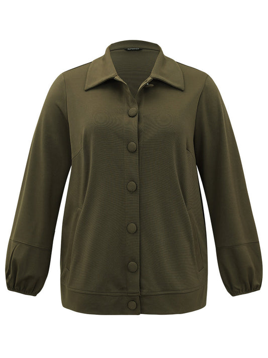 Plain Slant Pocket Button Up Elastic Cuffs Jacket