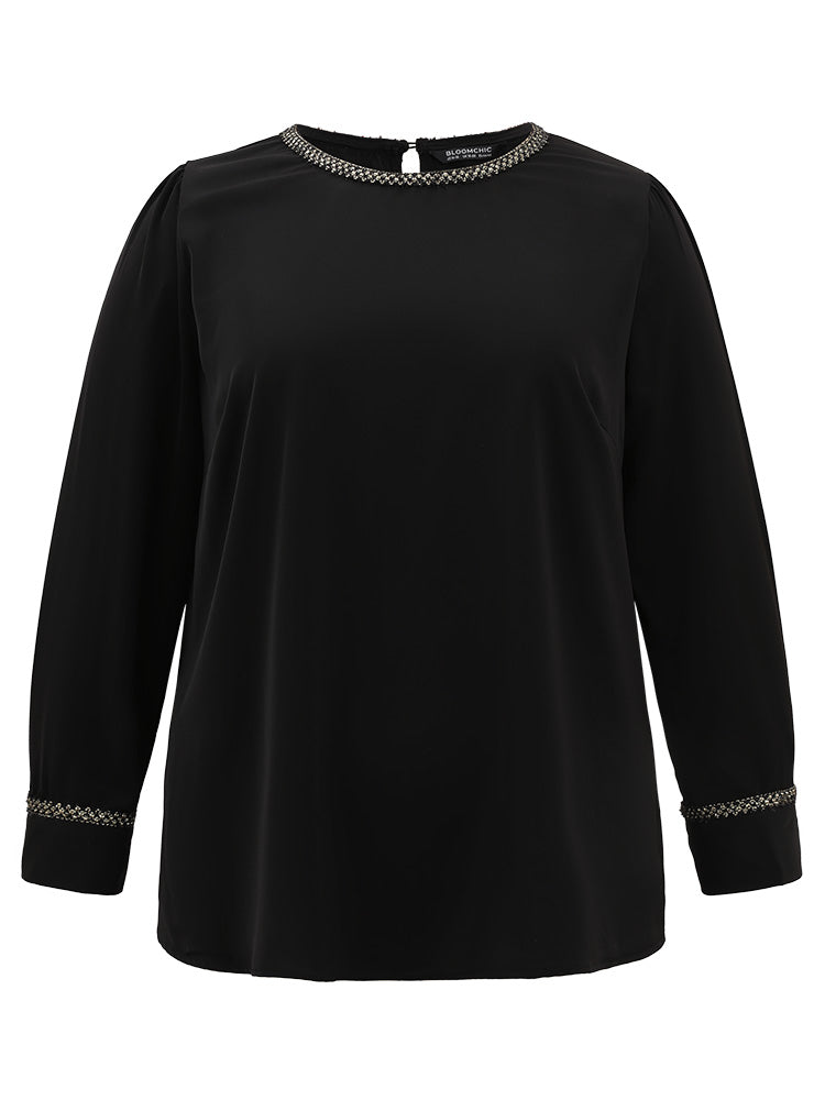 Plain Contrast Webbing Crew Neck Blouse
