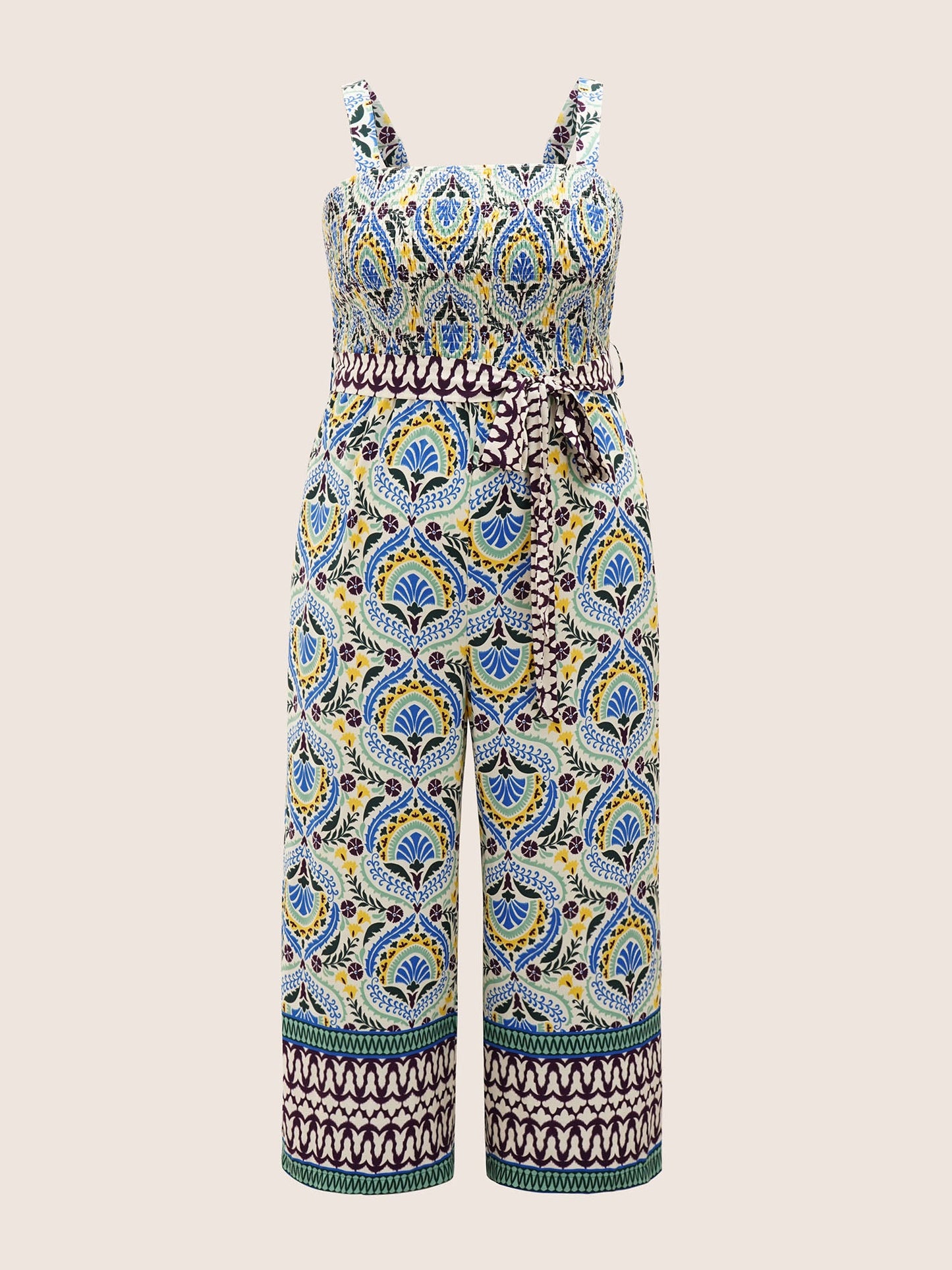 Boho Print Shirred Belted Adjustable Straps Jumpsuit
