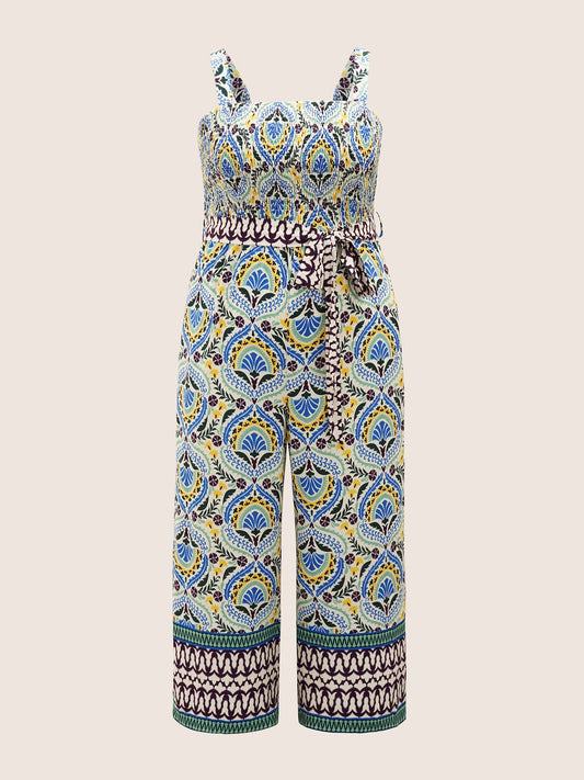 Boho Print Shirred Belted Adjustable Straps Jumpsuit
