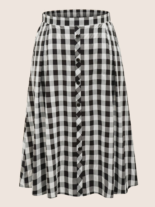 Gingham Button Detail Elastic Waist Pocket Skirt