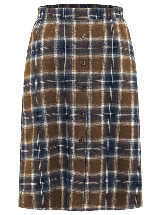 Plaid Button Detail Elastic Waist Woven Skirt