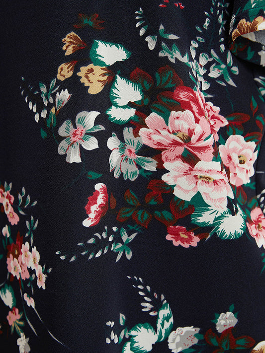 Floral Print Round Neck Ruffle Sleeve T-shirt