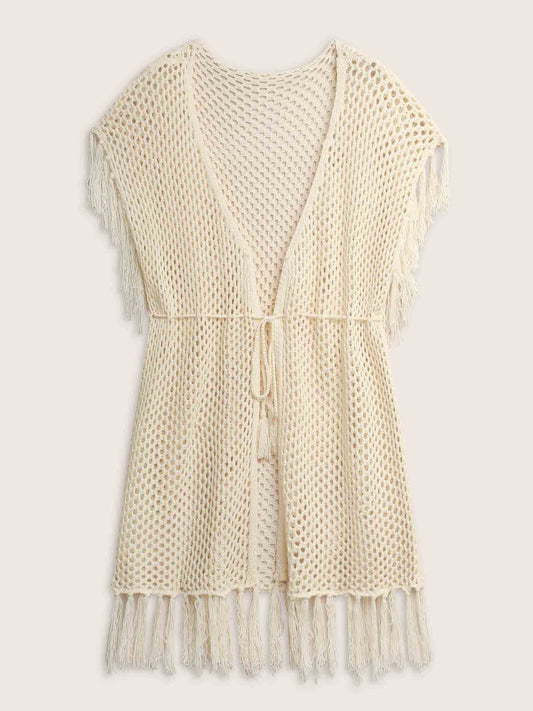 Solid Cut Out Drawstring Tassel Trim Swim Cover Up