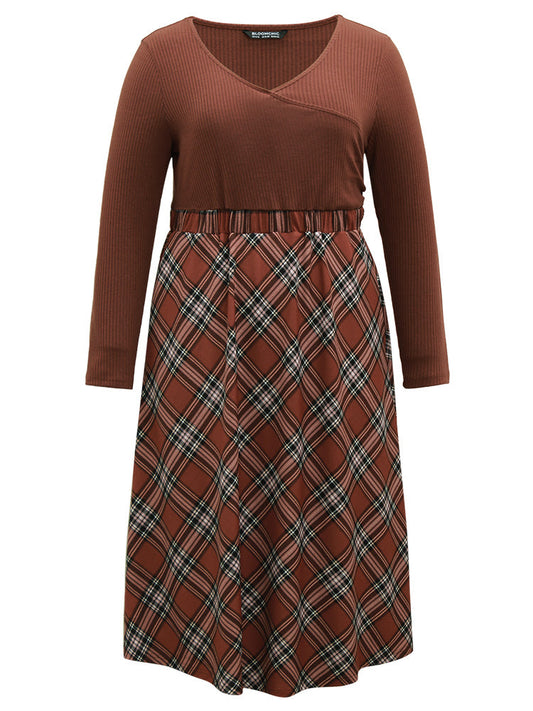 Plaid Elastic Waist Patchwork Rib Knit Dress
