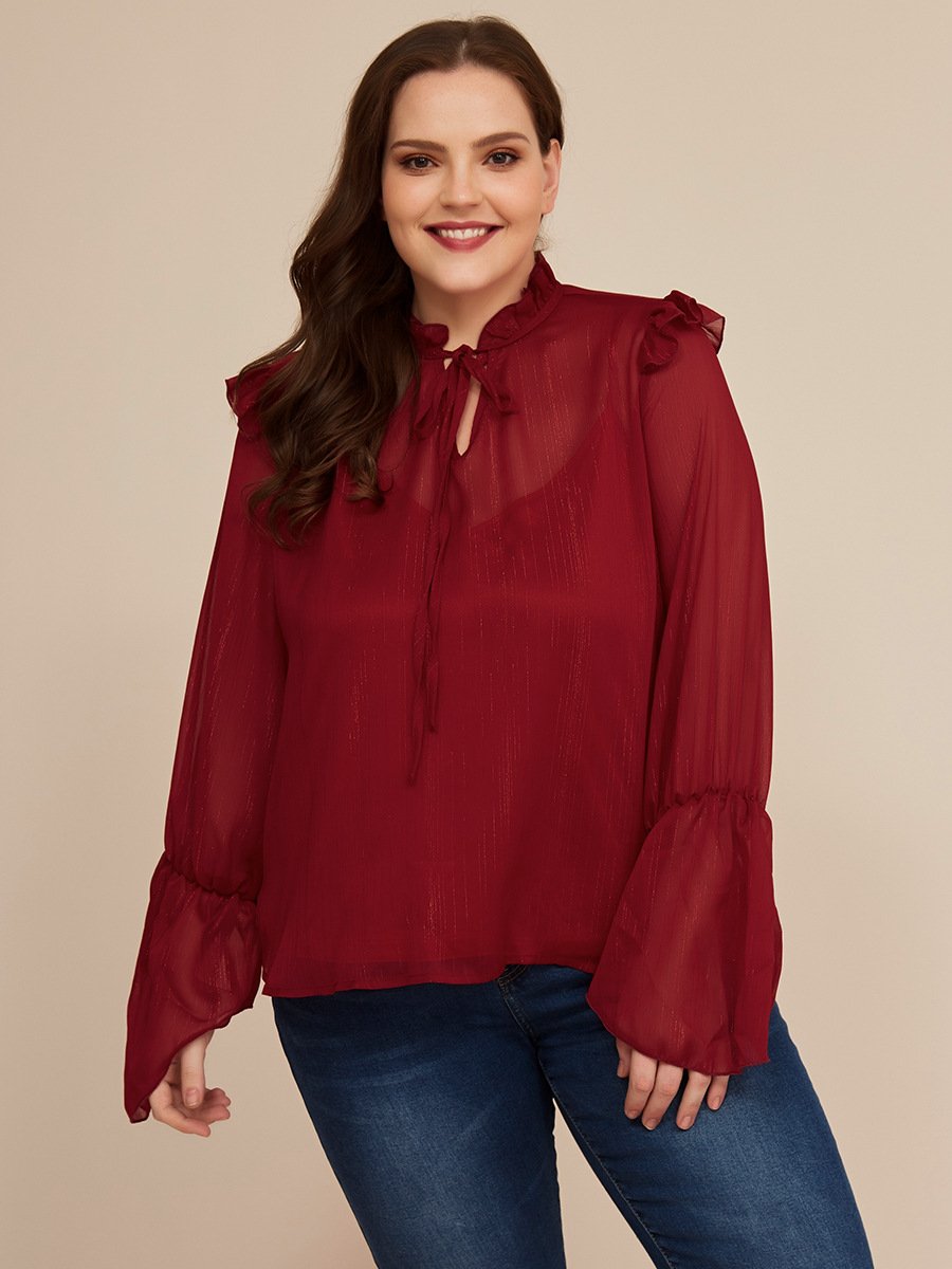 Flared Sleeve Tied Chiffon Blouse