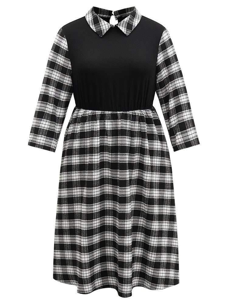 Plaid Patchwork Elastic Waist Lapel Collar Dress