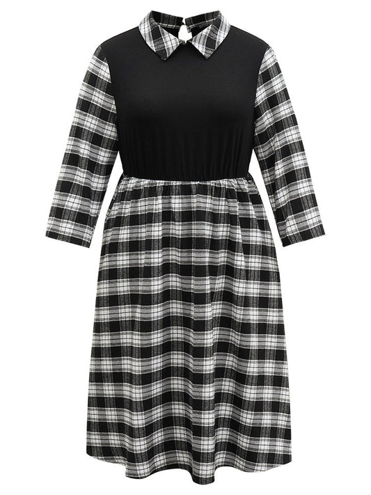 Plaid Patchwork Elastic Waist Lapel Collar Dress