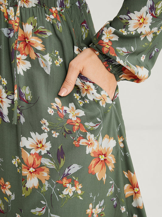 Floral Printed Ties Neck Pocket Ruffle Split Hem Dress