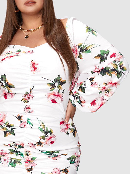 Flower Print Ruched Bodycon Dress