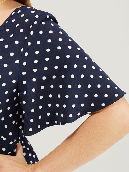 Polka Dot Ruched Pocket Empire Waist Flutter Hem Dress