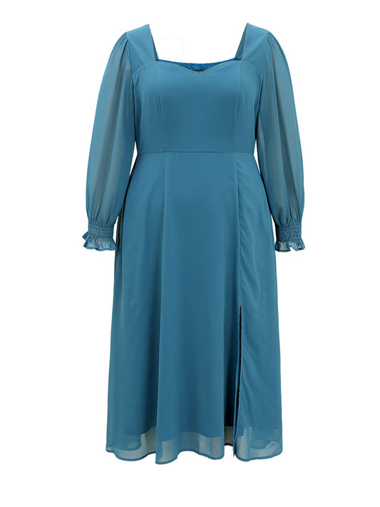 Chiffon Square Neck Shirred Lantern Sleeve Split Hem Dress