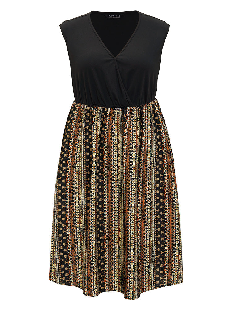 Striped Geometric Patchwork Pocket Surplice Neck Tank Dress