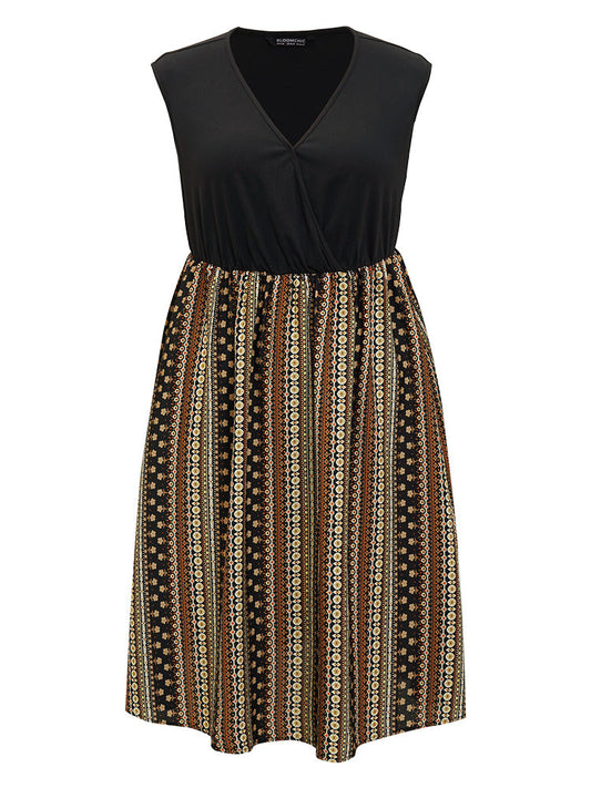 Striped Geometric Patchwork Pocket Surplice Neck Tank Dress