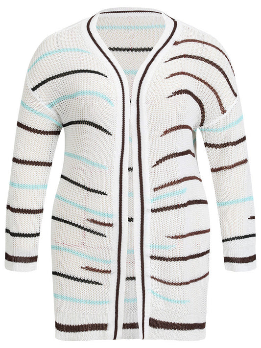 Striped Open Front Contrast Mesh Cardigan