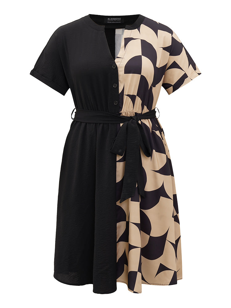 Geometric Patchwork Pocket Belted Notched Dress