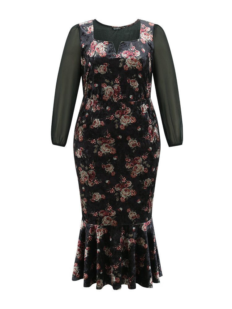 Velvet Floral Notched Ruffles Mermaid Hem Dress