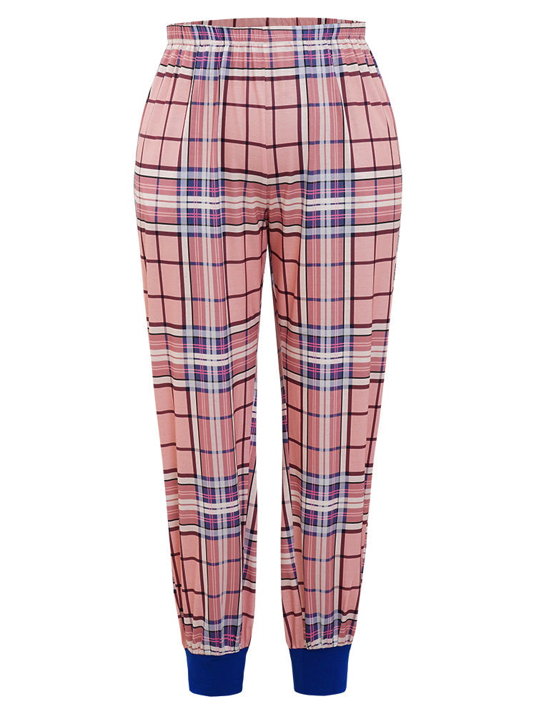 Plaid Pocket Elastic Waist Sleep Carrot Pants