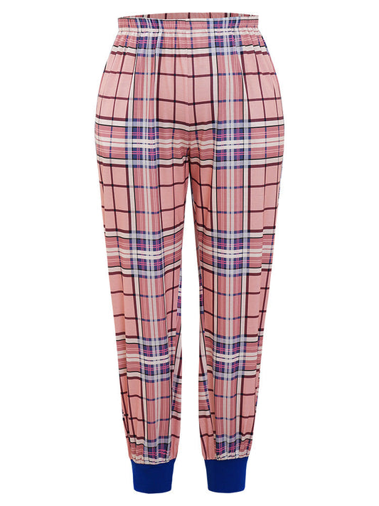 Plaid Pocket Elastic Waist Sleep Carrot Pants