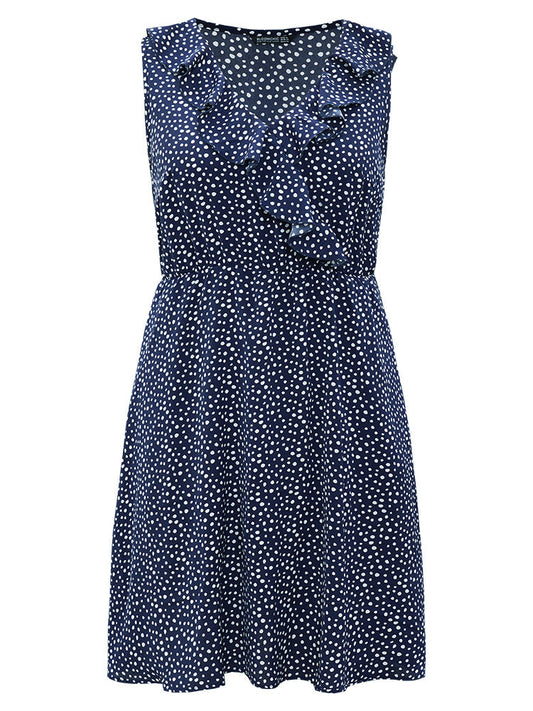 Polka Dot Ruffle Trim V Neck Sleeveless Dress