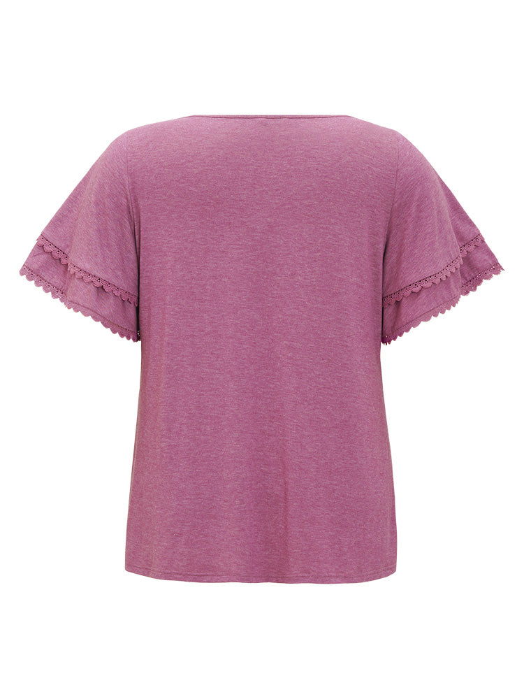 Plain Lace Trim Layered Sleeve T-shirt