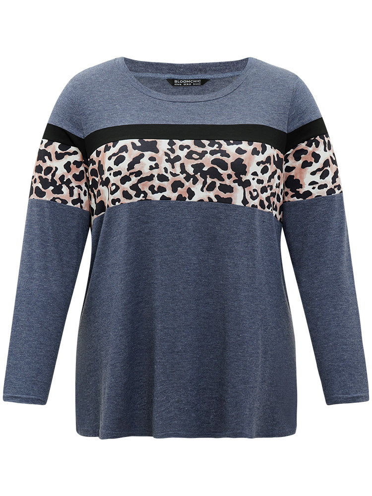 Leopard Heather Patchwork Crew Neck T-shirt
