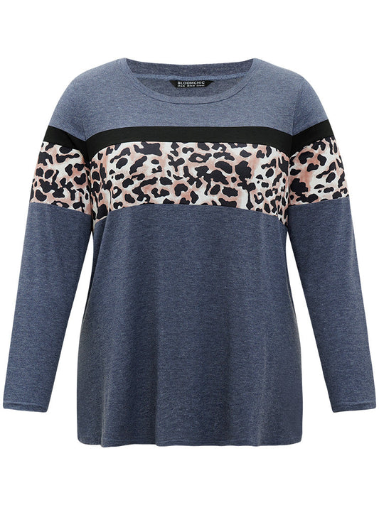 Leopard Heather Patchwork Crew Neck T-shirt